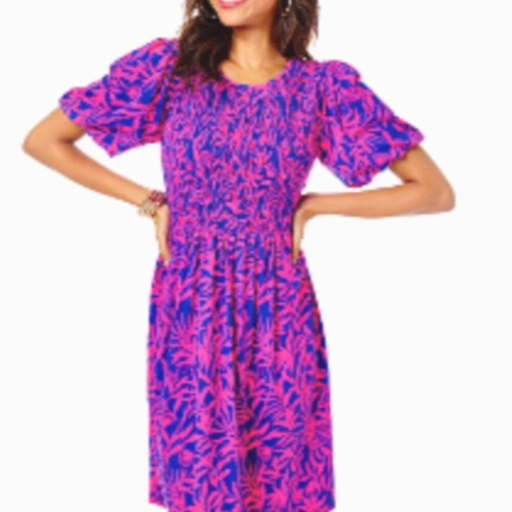 NWT LILLY PULITZER Chrystelle Dress In Pink Grenadine Flocking To Paradise - S